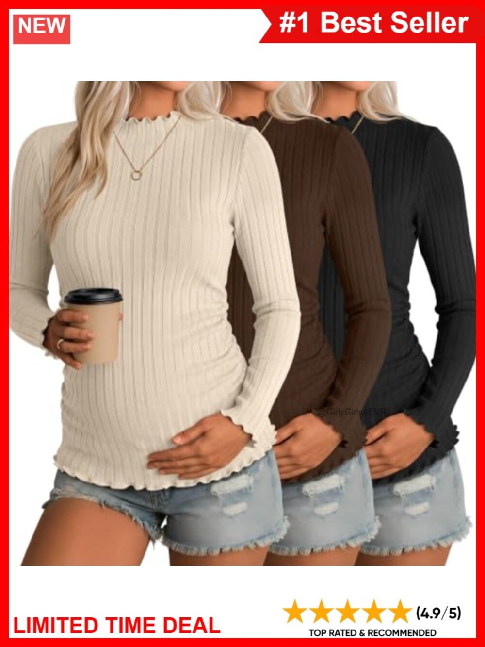 Locoowai 3 Pack Maternity Long Sleeve Ribbed Shirt Slim Fit Lettuce Trim